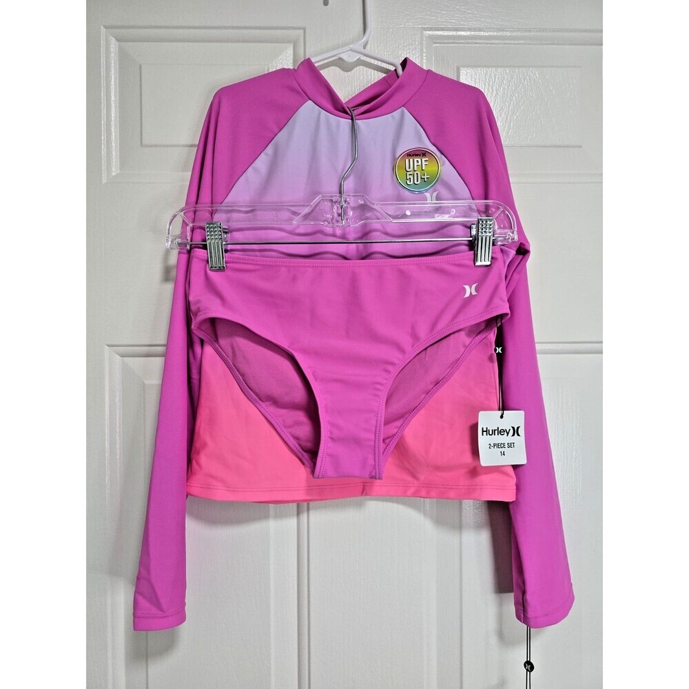 Hurley Girls Long Sleeve Rash Guard 2-Piece Swimsuit Pink Sz 14 NWT - Picture 5 of 9